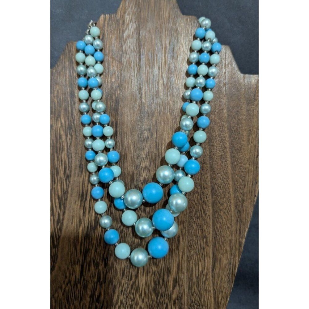 Vintage Multi-Strand Blue & Green Beaded Necklace With Silver-Tone Clasp